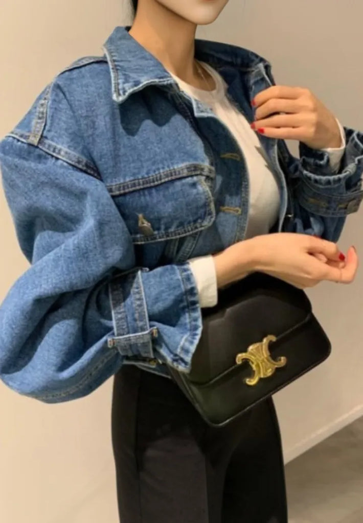 Lapel Long Sleeve Loose Fit Short Denim Jacket