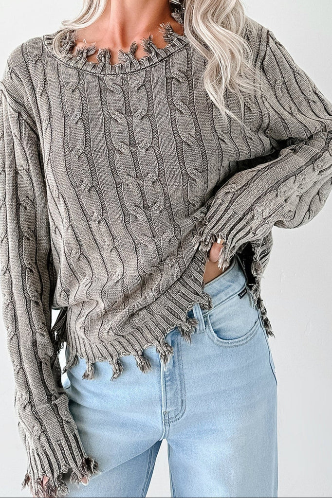 Distressed Cable-Knit Oversized Cropped Sweater
